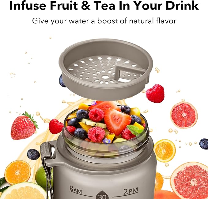 32oz Motivational Water Bottles with Time Marker & Fruit Strainer, Transparent Gradient Color Water Bottle with Times to Drink, Leakproof & BPA Free, Reusable Bottle with Strap (No Straw)