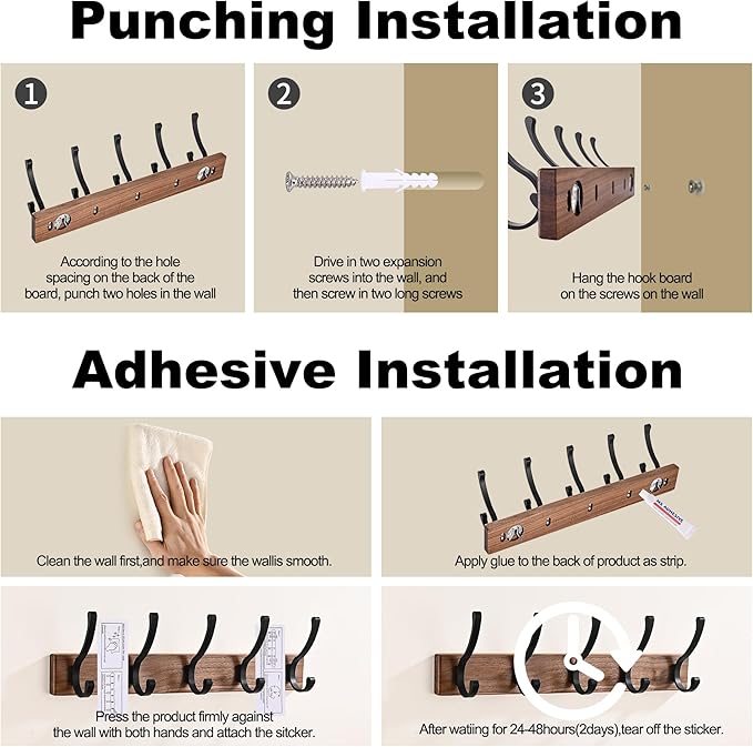 2 Pack 17.3" Small Wooden Coat Rack Wall Mounted with 5 Hooks, Entryway Wall Hooks Coat Hanger for Hanging Towel Clothes Hat Backpack Shoe Purse Key Holder Multi Hook Rail by Black Walnut Wood