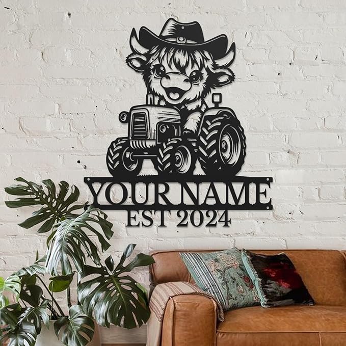 Personalized Highland Cow Name metal Signs,Custom Highland Cow Metal Shed Wall Decor,Black Metal Wall Art Plaques Outdoor wall Decorative Signage (Style B)