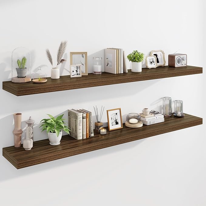 Marsmiles 72" Floating Shelves for Wall, Wooden Shelves with Invisible Brackets Set of 2, Rustic Farmhouse Wall Mounted Shelf for Kitchen Bathroom Living Room Study, Walnut