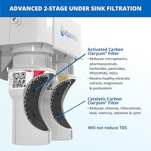 Aquasana Under Sink Water Filter System - Reduces PFAS, Lead, & Chlorine in Drinking Water - Under Counter Claryum Filtration for Kitchen - 2-Stage - Chrome Faucet - AQ-5200.56
