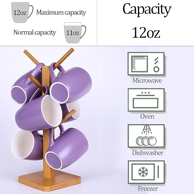 Coffee Mugs Set of 6, 12oz Ceramic Coffee Mugs with Handle, Matte Porcelain Purple Coffee Mug for Latte, Tea, Cocoa, Cappuccino, Cups for Women Men for Home Restaurant Mug (Purple)