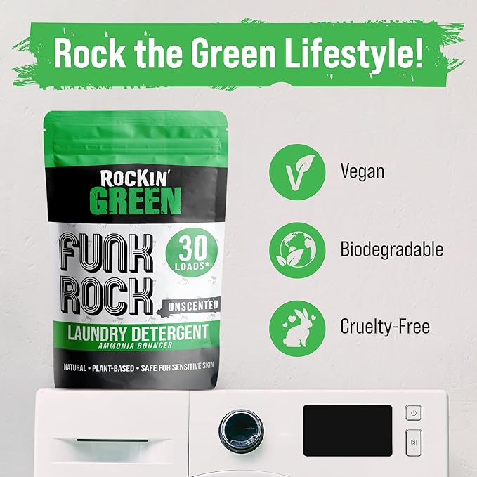 Rockin' Green Laundry Detergent, Plant based, All Natural Laundry Detergent Powder, Vegan and Biodegradable Odor Fighter, Safe for Sensitive Skin (Funk Rock Ammonia Bouncer 30 Loads - Unscented)