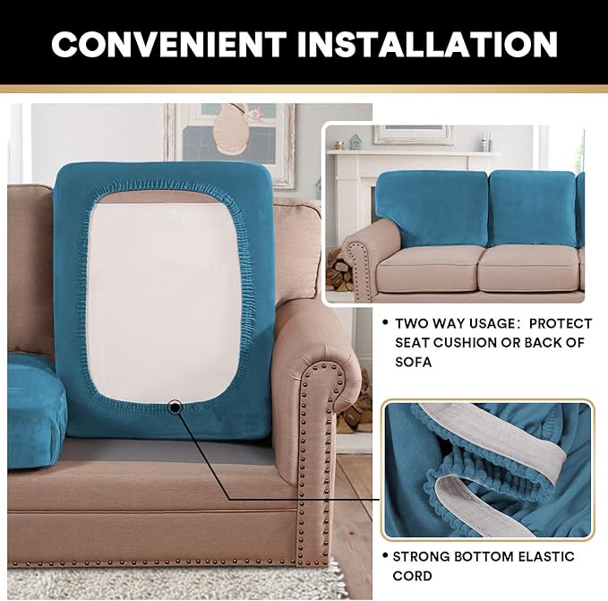 PrinceDeco Velvet Sofa Cushion Covers, Stretch Couch Cushion Covers for Individual Seat Couch Slipcover Sets Furniture Protector for Loveseat Sofa Cushion(Each Width Up to 29.5", Blue)