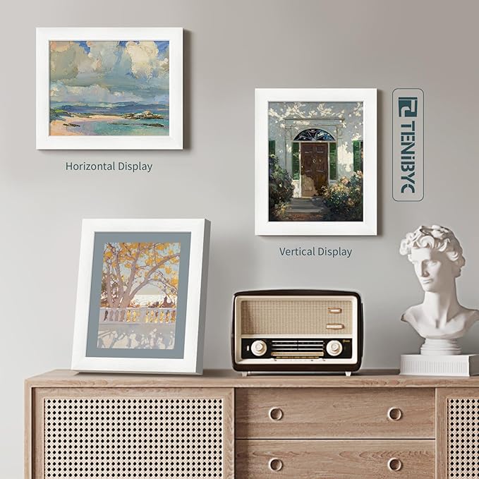 8x10 Picture Frame Set - 3 Pack, Textured White Solid Wood, HD Tempered Glass, Gallery Photo Frame, Table or Wall Display