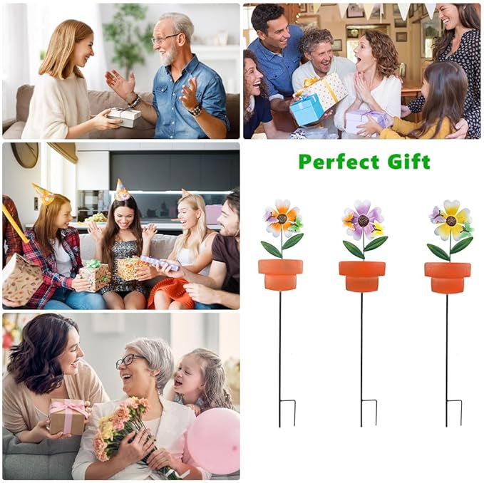 Metal Garden Stakes Decor,3 Pack Flowers Pot Decorative Garden Stakes, Waterproof Spring Outdoor Decor,Metal Flowers Garden Decor for Outside,Lawn,Yard,Pathway