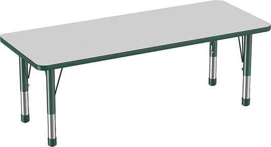 Factory Direct Partners FDP Rectangle Activity School and Classroom Kids Table (24 x 60 inch), Chunky Toddler Legs, Adjustable Height 15-24 inches - Gray Top and Green Edge