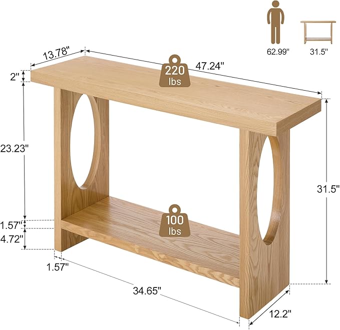 BECHAEO 47-Inch Farmhouse Narrow Console Table, 2'' Thickened Entryway Table with Solid Wood Veneer, 2-Tier Sofa Tables Behind Couch, Rectangle Hallway Tables for Living Room, Foyer Rustic Oak
