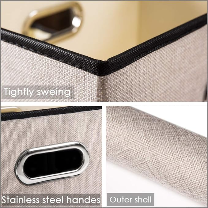 PRANDOM Foldable Storage Bin with Lid [3-Pack] Linen Fabric Decorative Storage Box Organizer Container Basket Cube with Handles Divider for Closet Office Living Room Light Grey(14.9x9.8x9.8)