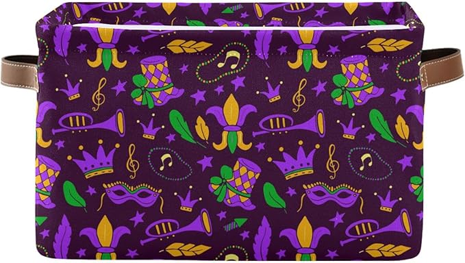 Mardi Gras Carnival Storage Basket Cube Storage Bins Organizer Bag Collapsible Closet Shelf Baskets with handle for Baby Cloth Pet Toy Book 14.2×10.2×8.3 IN