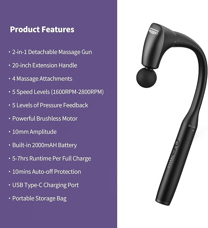 2-in-1 Detachable Muscle Massage Gun Deep Tissue with 20'' Extension Handle, Back and Neck Massager for Pain Relief, Handheld Massager for Shoulder Lower Back Leg Waist, FSA-HSA Eligible