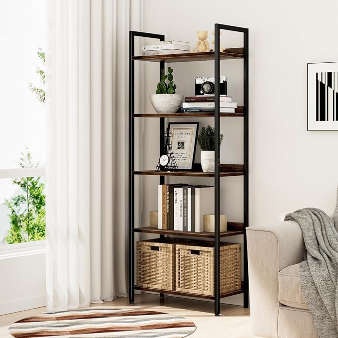 NUMENN Bookshelf, 5 Tier Bookshelves, Home Office Bookcase Shelf Storage Organizer, Free Standing Storage Shelving Unit for Bedroom, Living Room and Home Office, Dark Walnut
