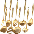 Gold Kitchen Utensils Set - 18/10 Stainless Steel Cooking Tools, 15" All Metal Serving Utensils with Fork, Solid/Slotted Spoon, Spatula, Ladle, Skimmer, Tunner, Pasta Spoon, Large Spoon, Set of 9
