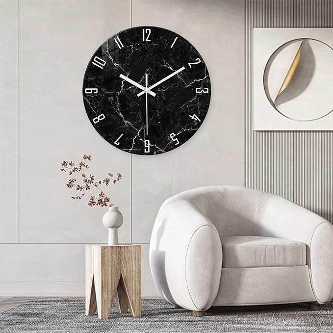 Oversized Decorative Clocks Battery Operated 24 Inch Marble Black Wall Clock for Office Round Non Ticking Wall Clock Silent