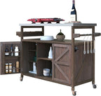 Farmhouse Solid Wood Grill Table with Stainless Steel Top, Outdoor Rolling Bar Cart & Storage Cabinet with Spice & Towel Rack, Outdoor Kitchen Island with Internal Storage Rack, Dark Brown
