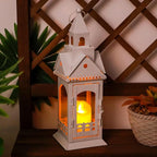 TRIROCKS Rustic Style Metal Candle Lantern 12'' High Decorative Outdoor Lantern Candle Holder with Tempered Glass House Shape for Home Living Room Garden Patio Parties Indoors Outdoors (White)