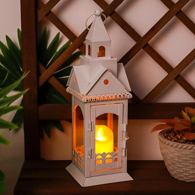 TRIROCKS Rustic Style Metal Candle Lantern 12'' High Decorative Outdoor Lantern Candle Holder with Tempered Glass House Shape for Home Living Room Garden Patio Parties Indoors Outdoors (White)