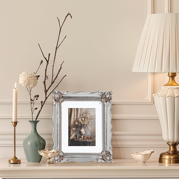 8x10 Vintage Picture Frame with Embossed Flower Design, Silver Ornate Frame for 8x10 or 5x7 Pictures with White Mat, Hand-Crafted Resin Antique Frames for Tabletop & Wall Hanging, Home Decor (Silver)