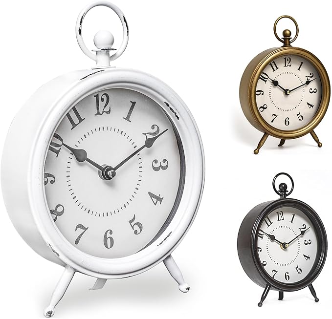 Vintage Rustic White Table Clock on Stand, Decorative Desk & Shelf Clock, Rustic Mantel Farmhouse Non-Ticking