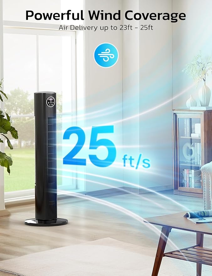 ZAFRO Tower Fan for Bedroom, 90° Oscillating Fan with 12H Timer, 37”Standing Fans with Remote, Bladeless Fan with 4 Modes & 3 Speeds, Black