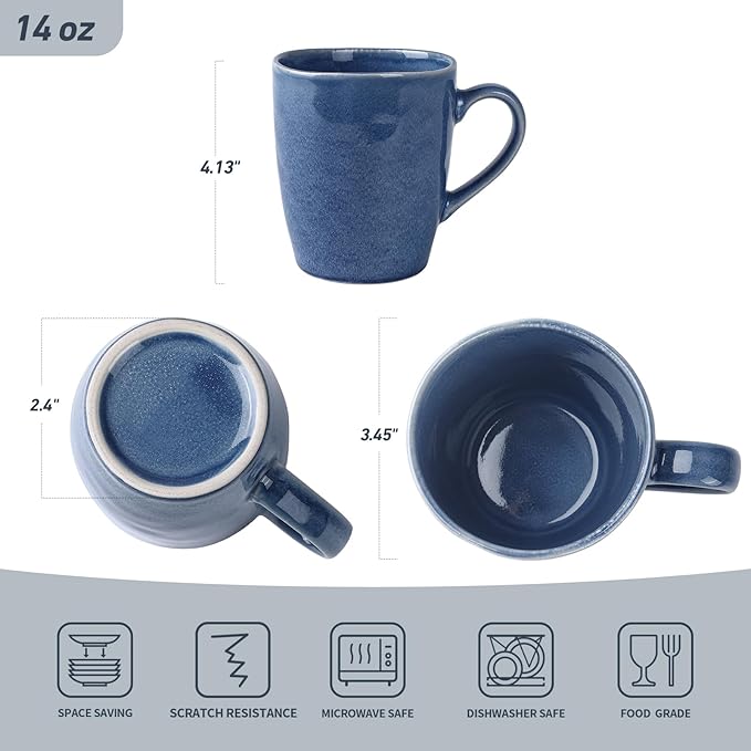 famiware Aurora Coffee Mugs, 14oz Mug Set of 4, Stoneware Mug, Cups for Kitchen, Cappuccino, Latte, Reactive Glaze, Microwave Safe, Scractch-resistant, Lagoon Blue