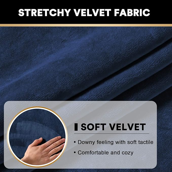 PrinceDeco Couch Cushion Covers, Stretch Washable Sofa Cushion Cover, Fitted Sofa Slipcover Velvet Fabric Non-Slip Furniture Protector for Dog,Pets, Kid (Each Width Up to 29.5", Navy)
