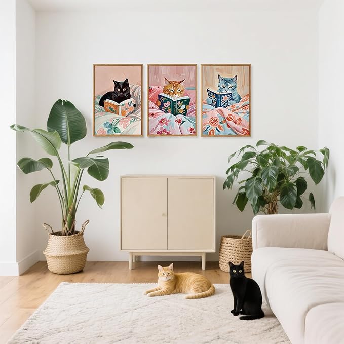 HPNIUB Framed Vintage Black Cats Canvas Wall Art, Funny Animal Reading Books Poster Printing Pictures, Pink Cute Cat Lovers Wall Decor for Girls Room Bedroom Kids Room Living Room Classroom- 24 x36 x3