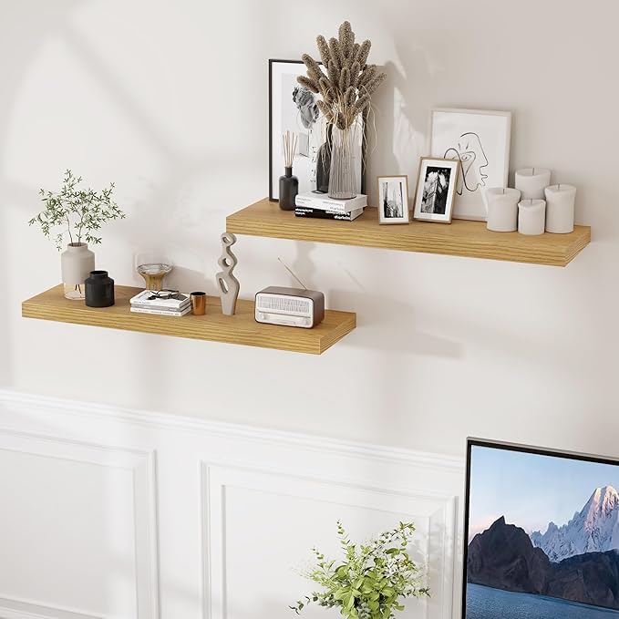 Fun Memories Rustic Wood Floating Shelves for Wall, 36 x 9 Wall Shelves Set of 2, Deep Floating Shelf for Kitchen, Living Room Storage & Display, Rustic Deep Bookshelf, Oak Color