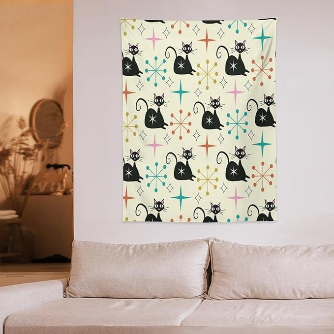 ICMOLYYENLO Abstract Cat Tapestry, Medieval Abstract Atomic Star Cat Vintage Home Wall Hanging Art Tapestry for Bedroom Living Room Dormitory 50x60 Inch