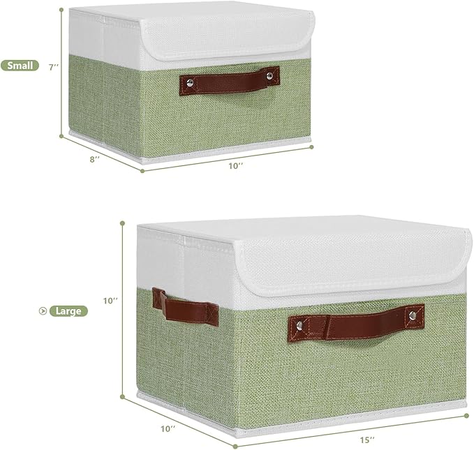 ANMINY Storage Boxes with Lids Washable Decorative Storage Bins Basket with PU Leather Handle Foldable Linen Fabric Storage Cubes Containers for Home Closet Organizer - Green White, Large Size