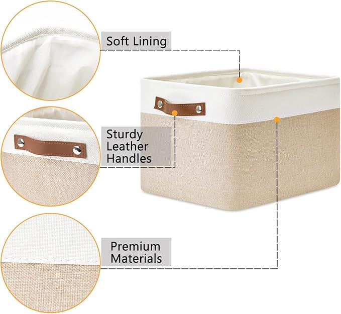 DULLEMELO Fabric Storage Bins for Laundry, Home, Foldable Storage Baskets for Shelves, Toys, Collapsible Storage Bins for Office, Closet,Bedroom(White&Khaki,15"x11"x9.5",4-Pack)