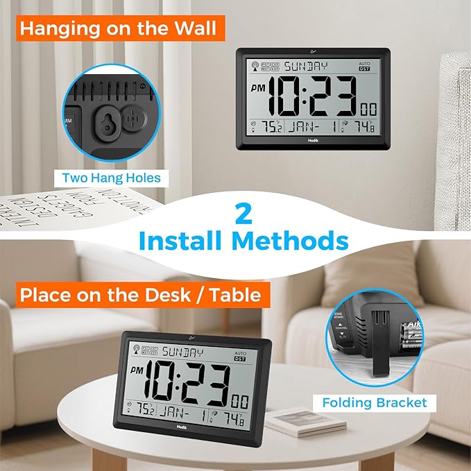 Wall Clock Atomic with Indoor Outdoor Temperature Battery Powered, Easy Reading with 10.5 Inch Large LCD Display, 330FT Range Table Wall Clock with DST, 12/24 Hour for Living Room Kitchen (Black)