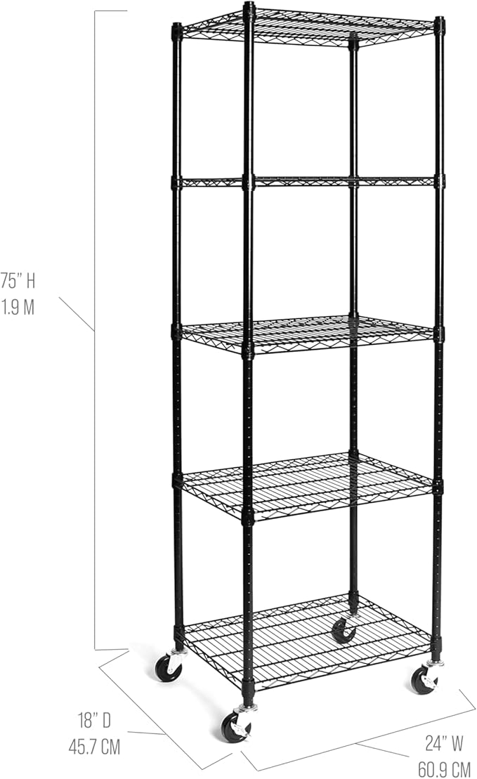 Seville Classics UltraDurable Heavy Duty NSF Solid Steel Wire Rack Storage Unit, Organizer for Garage, Warehouse, Office, Restaurant, Classroom, Kitchen, Black, 5-Tier Shelving, 24" W x 18" D