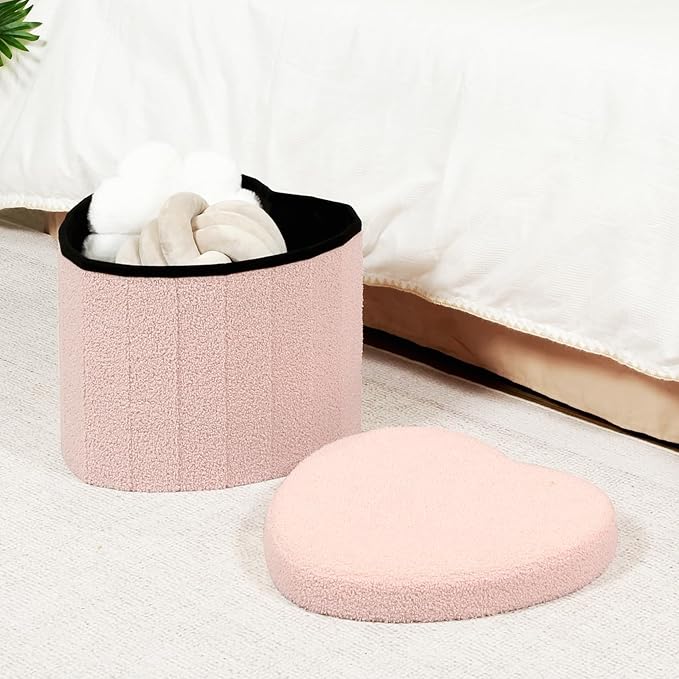 B FSOBEIIALEO Storage Ottoman Cube, Heart Shaped Ottomans with Storage Foot Stool Footrest for Lving Room, Boucle Ottoman Seat for Dorm Room,Faux Teddy Fur, Pink 15"x15"x15"