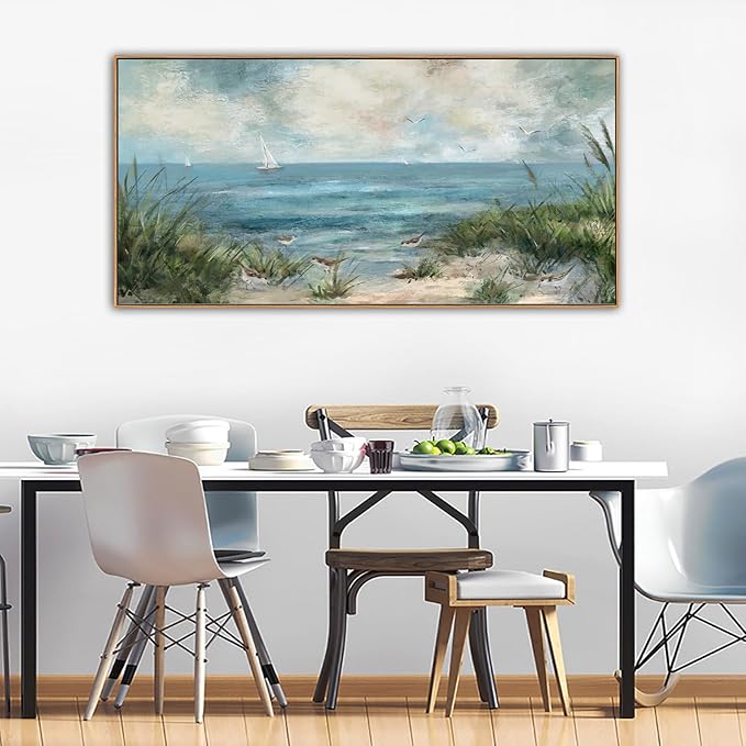 Sea Beach Framed Canvas Wall Art Vintage Seascape Canvas Prints Wall Decor Ocean Sailboat Seagull Canvas Pictures Beach Bird Reed Canvas Painting Artwork Living Room Bedroom Decoration 29" X 58"