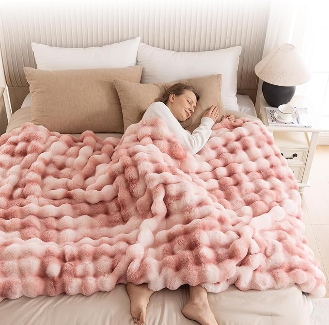 Cozy Faux Fur Throw Blanket for Couch-Warm Fuzzy Throw Blanket, Soft Plush Thick Bubble Blankets for Bedroom and Living Room, Furry Luxury Blanket, 60 x 80, Tie-Dye Pink
