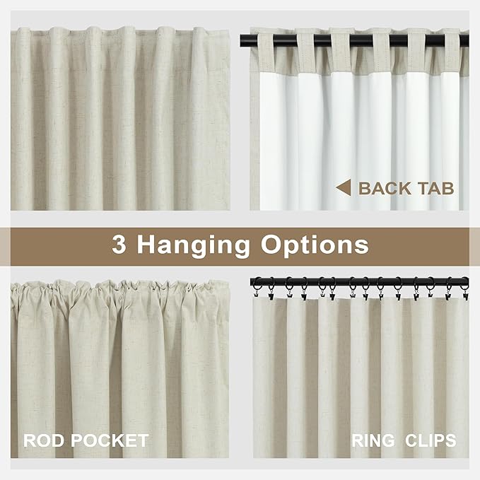 Flax Linen Blackout Living Room Curtain 84 Inch Long 2 Panel Tan Beige Black Out Burlap Farmhouse Insulated Thermal Curtain for Summer Heat Nursery Room Darkening Drapes Bedroom Back Tab 52x84 Length