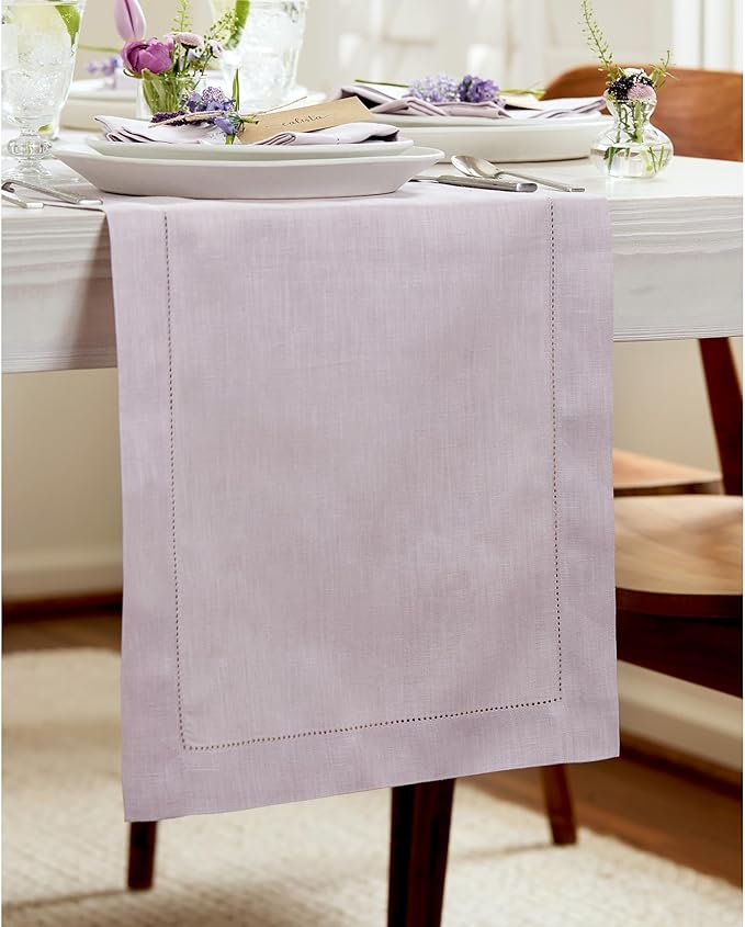 Solino Home Linen Lilac Table Runner 120 Inches Long - 100% Pure Linen Hemstitch 14 x 120 Inch Table Runner for Dining - Classic Hemstitch