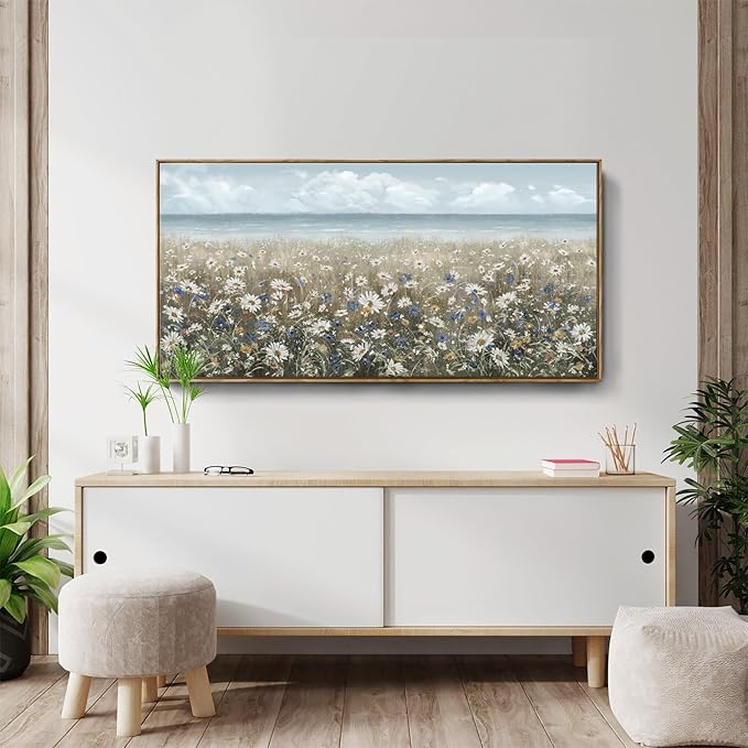 amatop Large Wall Art for Living Room Framed Boho Beach Coastal Floral Ocean Wall Picture Farmhouse Daisy Flower Sea Canvas Print Nautical Neutral Vintage Warm Artwork Home Bedroom Office Decor 48x24