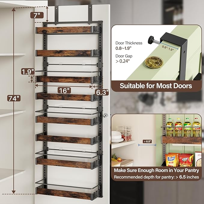 8 Tier Over The Door Pantry Organizer, 2 IN 1 Wall Mount or Metal Hanging Spice Rack for Pantry Organizers and Storage, Seasoning Shelves，Adjustable Basket with Hooks for Kitchen, Bathroom,Laundry