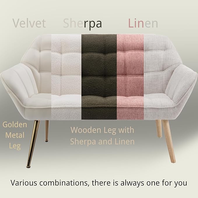 48”Small Loveseat Sofa, Modern Velvet Upholstered Mini Couch 2-Seater Fluffy Love Seat with Quilting Backs and Metal Legs for Small Space Living Room, Bedroom, Beige