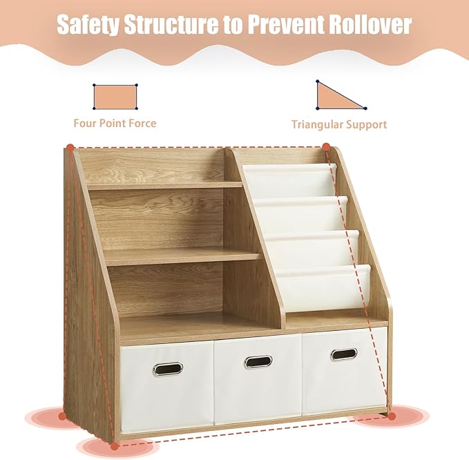 Kids Bookshelf and Toy Storage Organizer, Montessori Nursery Book Shelves with 3 Tier Sling Rack & Fabric Toy Bins, Children Toddler Baby Bookshelf, Wooden Toy Shelf for Kids Room Playroom