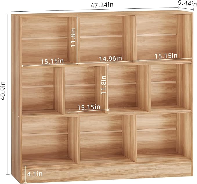 LEYAOYAO 10 Cube Bookshelf with Base,3 Tier Mid-Century Modern Grey Bookcase,Standing Wide Bookshelves Storage Organizer Shelf,Rustic Wood Display Cabinet Book Shelves for Bedroom,Living Room,Office