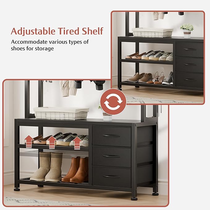 Lulive Hall Tree with Bench and Shoe Storage, 31.5" Coat Rack Freestanding with 2-Tier Storage Shelf, 6-in-1 Entryway Bench Coat Rack with 12 Hooks and 3 Drawers(Black)