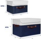 ANMINY 2PCS Storage Boxes with Lid Washable Decorative Storage Bin Basket with PU Leather Handle Foldable Linen Fabric Storage Cube Container for Home Closet Organizer - Deep Blue White, Small Size