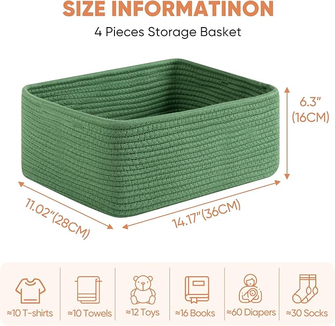 OIAHOMY 4 Pack 14.17*11.02*6.3IN Storage Baskets for Organizing Shelves, Woven Rope Baskets for Organizing Books, Clothes, Decorative Basket for Living Room, Nursery, Bedroom, Gift Basket, Green