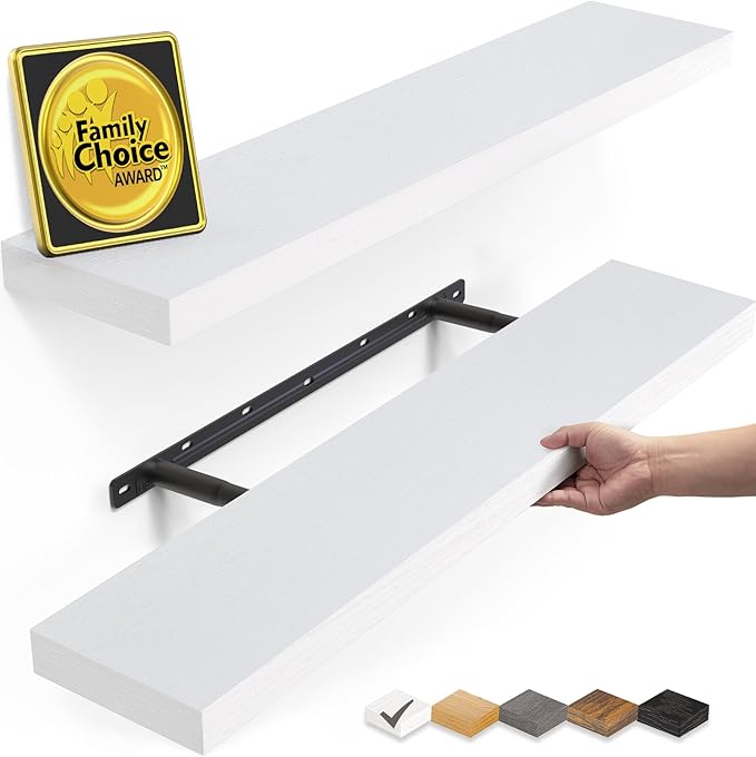 BAYKA Floating Shelves Set of 2, 22.5" Rustic Wood Wall Mounted Shelves for Bathroom, Bedroom, Living Room, Kitchen & Office, Hanging Display Shelf with 22 lbs Capacity (White)