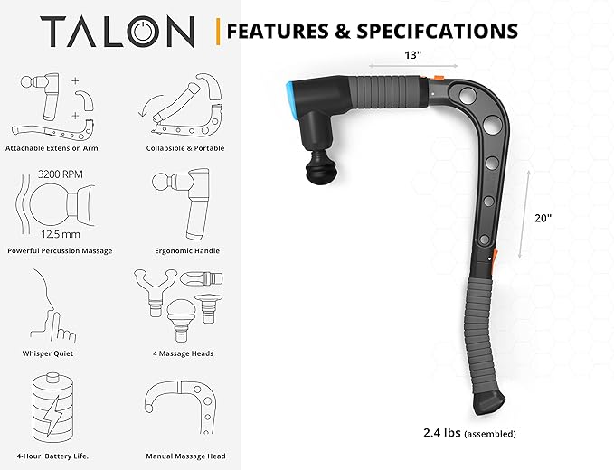 Talon Percussion Massage Gun + Massage Cane + Gun Holder System - Deep Tissue Muscle Massager with Arm Attachment for Whole Body Pain Relief, Upper and Lower Back, Neck & Shoulder Relaxer