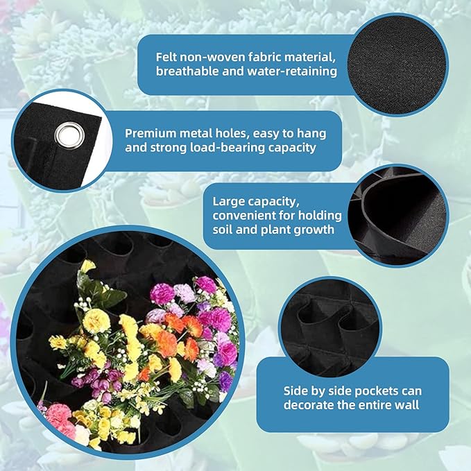 64 Pockets Hanging Planter Bags, Hanging Vertical Wall Mounted Plant Planting Grow Bags, Herb Garden Planter Outdoor Indoor Growing Bag, Gardening Vertical Greening Flower Container(1m×1m, Black)