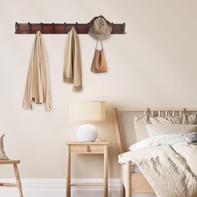 38.6'' Large Coat Rack Wall Mount Coat Hooks Coat Hanger with 10 Metal Black Triple- Hooks Brown Pine Real Wood Plank Hat Rack for Wall Hooks for Hanging Coat Hat Jacket